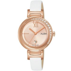 Ah7r84x1 alba watch women pink dial leather white strap quartz movt japan analog diamond three hand fashion