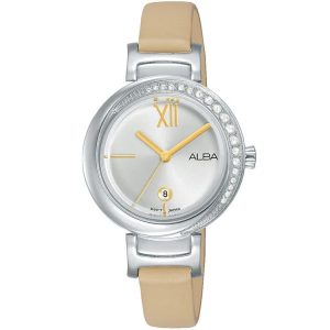 Ah7r85x1 alba watch women silver white dial leather beige strap quartz movt japan analog diamond three hand fashion