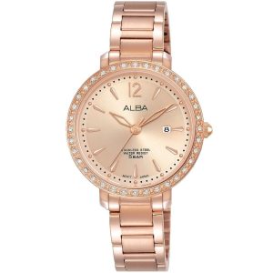 Ah7s02x1 alba watch women rose gold dial stainless steel water resist 5bar metal strap quartz movt japan analog diamond three hand fashion