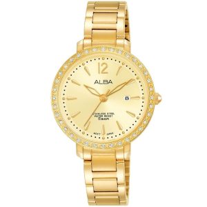 Ah7s04x1 alba watch women gold dial stainless steel water resist 5bar metal golden strap quartz movt japan analog diamond three hand fashion