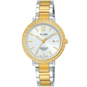 Ah7s06x1 alba watch women white dial leather silver gold two tone strap quartz movt japan analog stainless steel water resist 5bar diamond three hand fashion