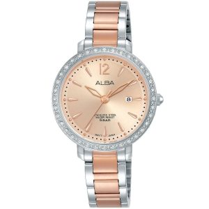 Ah7s07x1 alba watch women rose gold dial stainless steel water resist 5bar metal silver rose golden two tone strap quartz movt japan analog diamond three hand fashion