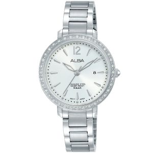 Ah7s11x1 alba watch women silver white dial stainless steel water resist 5bar metal strap quartz movt japan analog diamond three hand fashion