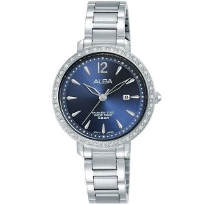 Ah7s13x1 alba watch women blue dial stainless steel water resist 5bar metal silver strap quartz movt japan analog diamond three hand fashion