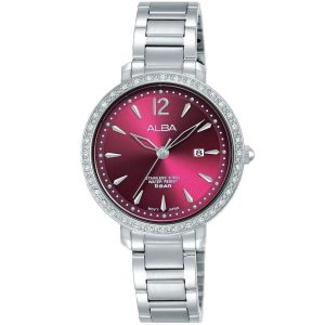 Ah7s17x1 alba watch women fuchsia pink dial stainless steel water resist 5bar metal silver strap quartz movt japan analog diamond three hand fashion