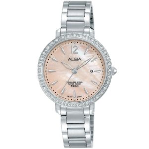 Ah7s19x1 alba watch women pink mother of pearl dial stainless steel water resist 5bar metal silver strap quartz movt japan analog diamond three hand fashion