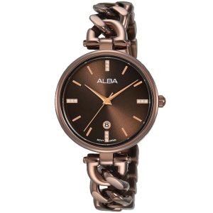 Ah7s55x1 alba watch women brown dial stainless steel metal strap quartz movt japan analog three hand fashion