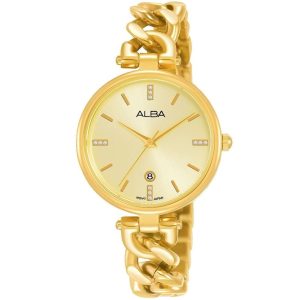 Ah7s58x1 alba watch women gold dial stainless steel metal golden strap quartz movt japan analog three hand fashion