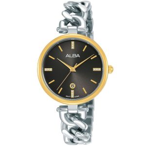 Ah7s62x1 alba watch women black dial golden bezel stainless steel metal silver strap quartz movt japan analog three hand fashion