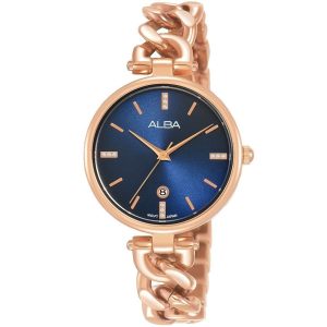 Ah7s66x1 alba watch women blue dial stainless steel metal rose gold strap quartz movt japan analog three hand fashion