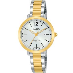 Ah7s94x1 alba watch women silver white dial stainless steel water resist 5bar metal gold two tone strap quartz movt japan analog three hand fashion