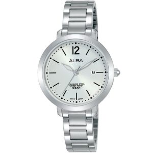 Ah7s99x1 alba watch women silver white dial stainless steel water resist 5bar metal strap quartz movt japan analog three hand fashion
