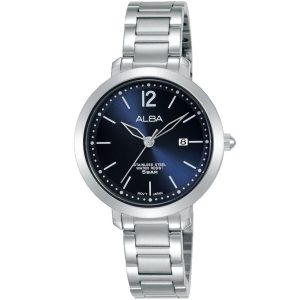 Ah7t01x1 alba watch women blue dial stainless steel water resist 5bar metal silver strap quartz movt japan analog three hand fashion