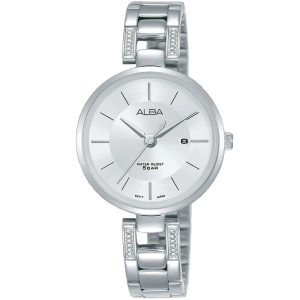 Ah7t15x1 alba watch women silver white dial stainless steel water resist 5bar metal strap quartz movt japan analog diamond three hand fashion