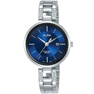 Ah7t17x1 alba watch women blue dial stainless steel water resist 5bar metal silver strap quartz movt japan analog diamond three hand fashion