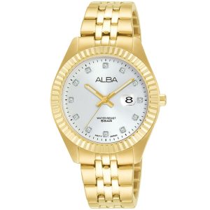 Ah7t46x1 alba watch women silver white dial stainless steel metal gold strap quartz movt japan analog water resist 5bar three hand prestige