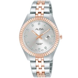 Ah7t48x1 alba watch women gray dial stainless steel metal silver rose gold two tone strap quartz movt japan analog water resist 5bar three hand prestige