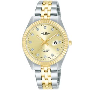 Ah7t50x1 alba watch women gold dial stainless steel metal silver gold two tone strap quartz movt japan analog water resist 5bar three hand prestige