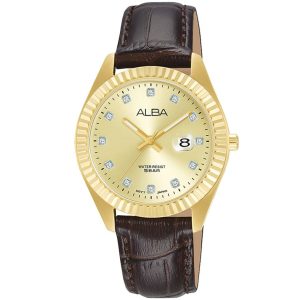 Ah7t56x1 alba watch women gold dial leather brown strap quartz movt japan analog water resist 5bar three hand prestige