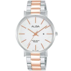 Ah7t61x1 alba watch women white patterned dial stainless steel metal silver rose gold two tone strap quartz movt japan analog water resist 5bar three hand prestige