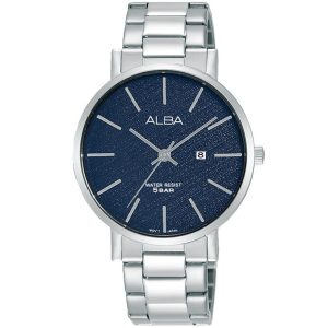 Ah7t65x1 alba watch women blue patterned dial stainless steel metal silver strap quartz movt japan analog water resist 5bar three hand prestige