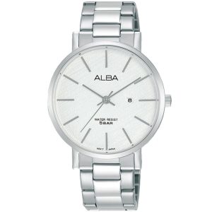 Ah7t67x1 alba watch women silver patterned dial stainless steel metal strap quartz movt japan analog water resist 5bar three hand prestige