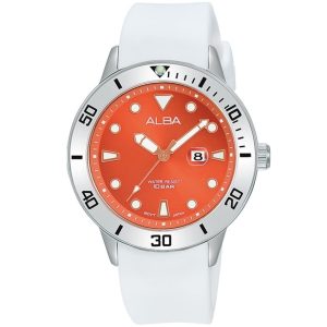 Ah7t85x1 alba watch women orange dial rubber white strap quartz movt japan analog water resist 10bar three hand active