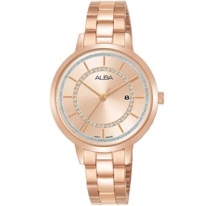 Ah7t88x1 alba watch women rose gold dial stainless steel metal rstrap quartz movt japan analog diamond three hand fashion