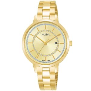 Ah7t90x1 alba watch women gold dial stainless steel metal golden strap quartz movt japan analog diamond three hand fashion
