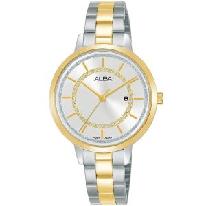 Ah7t94x1 alba watch women silver white dial stainless steel metal gold two tone strap quartz movt japan analog diamond three hand fashion
