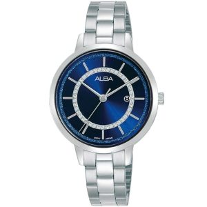 Ah7t97x1 alba watch women blue dial stainless steel metal silver strap quartz movt japan analog diamond three hand fashion