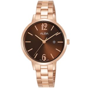 Ah7u02x1 alba watch women brown dial stainless steel metal rose gold strap quartz movt japan analog three hand fashion