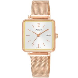 Ah7u20x1 alba watch women silver white dial stainless steel metal rose gold mesh strap quartz movt japan analog square three hand fashion