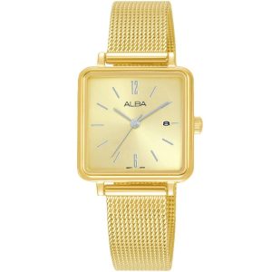 Ah7u22x1 alba watch women gold dial stainless steel metal golden mesh strap quartz movt japan analog square three hand fashion