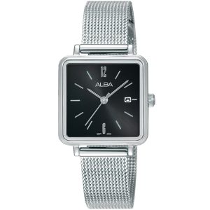 Ah7u23x1 alba watch women black dial stainless steel metal silver mesh strap quartz movt japan analog square three hand fashion