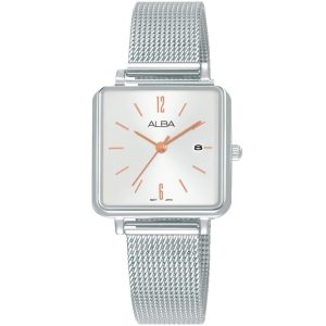 Ah7u25x1 alba watch women silver white dial stainless steel metal mesh strap quartz movt japan analog square three hand fashion