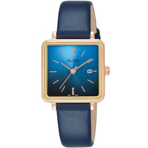 Ah7u28x1 alba watch women blue gradation dial leather strap quartz movt japan analog square three hand fashion