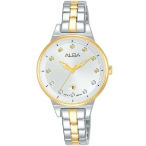 Ah7u46x1 alba watch women silver white dial stainless steel metal gold two tone strap quartz movt japan analog three hand fashion