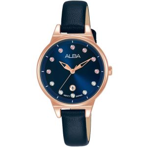 Ah7u50x1 alba watch women blue dial leather strap quartz movt japan analog three hand fashion