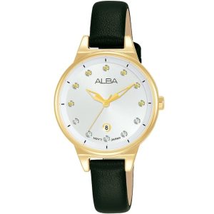 Ah7u52x1 alba watch women silver white dial leather green strap quartz movt japan analog three hand fashion