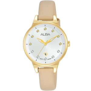 Ah7u54x1 alba watch women silver white dial leather beige strap quartz movt japan analog three hand fashion