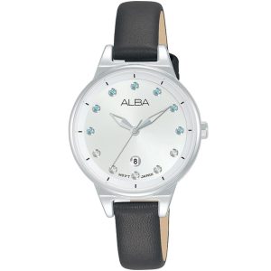 Ah7u55x1 alba watch women silver white dial leather black strap quartz movt japan analog three hand fashion