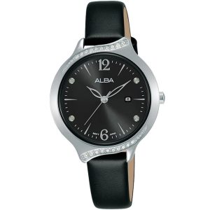 Ah7w17x1 alba watch women black dial leather strap quartz movt japan analog diamond three hand fashion