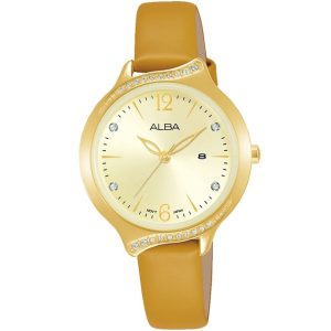 Ah7w18x1 alba watch women gold dial leather golden strap quartz movt japan analog diamond three hand fashion