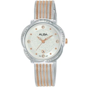 Ah7x11x1 alba watch women silver white dial stainless steel metal rose gold mesh two tone strap quartz movt japan analog diamond three hand fashion