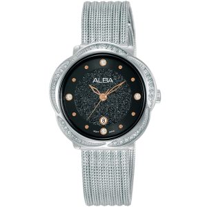Ah7x17x1 alba watch women black dial stainless steel metal silver mesh strap quartz movt japan analog diamond three hand fashion