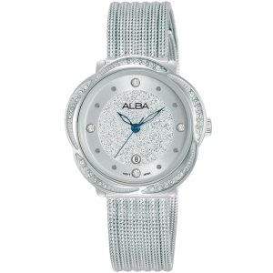 Ah7x19x1 alba watch women silver white dial stainless steel metal mesh strap quartz movt japan analog diamond three hand fashion