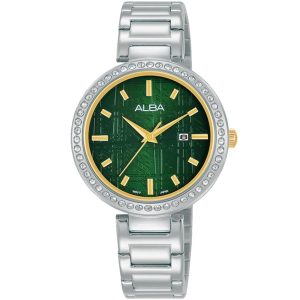 Ah7x37x1 alba watch women green patterned dial stainless steel metal silver strap quartz movt japan analog diamond three hand fashion