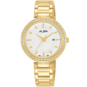 Ah7x38x1 alba watch women silver patterned dial stainless steel metal gold strap quartz movt japan analog diamond three hand fashion