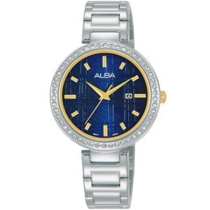 Ah7x39x1 alba watch women blue patterned dial stainless steel metal silver strap quartz movt japan analog diamond three hand fashion